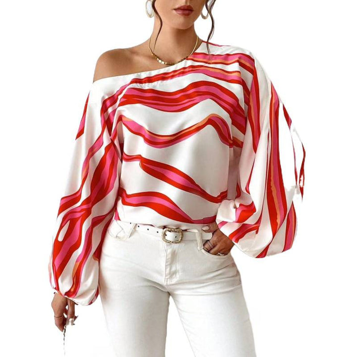 Dame Off-Shoulder Bluse med kunstnerisk mønster og voluminøse ermer Skjora