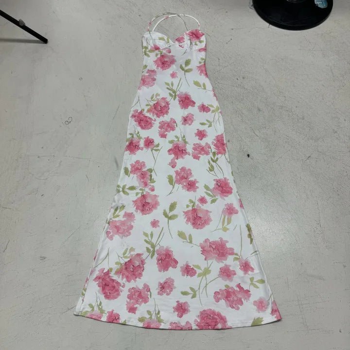 Elegant women's maxi dress with delicate floral design and spaghetti straps Skjora