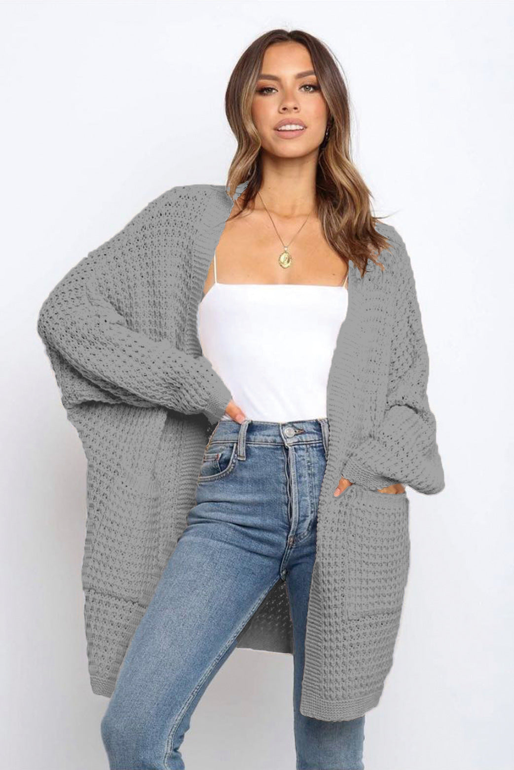 Dame chunky strikket cardigan med praktiske lommer og løs passform Skjora