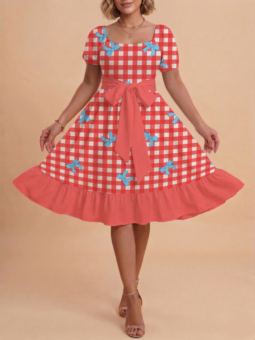 Damen Midikleid mit verspieltem Druck und tailliertem Schnitt Skjora