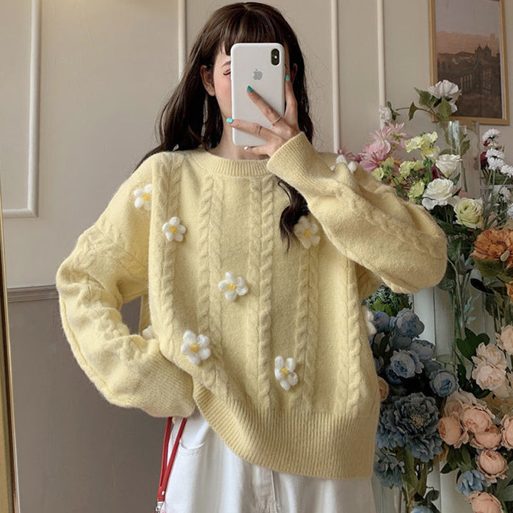 Damer Fashionable Chunky Knit Genser med Blomsterapplikasjoner Skjora