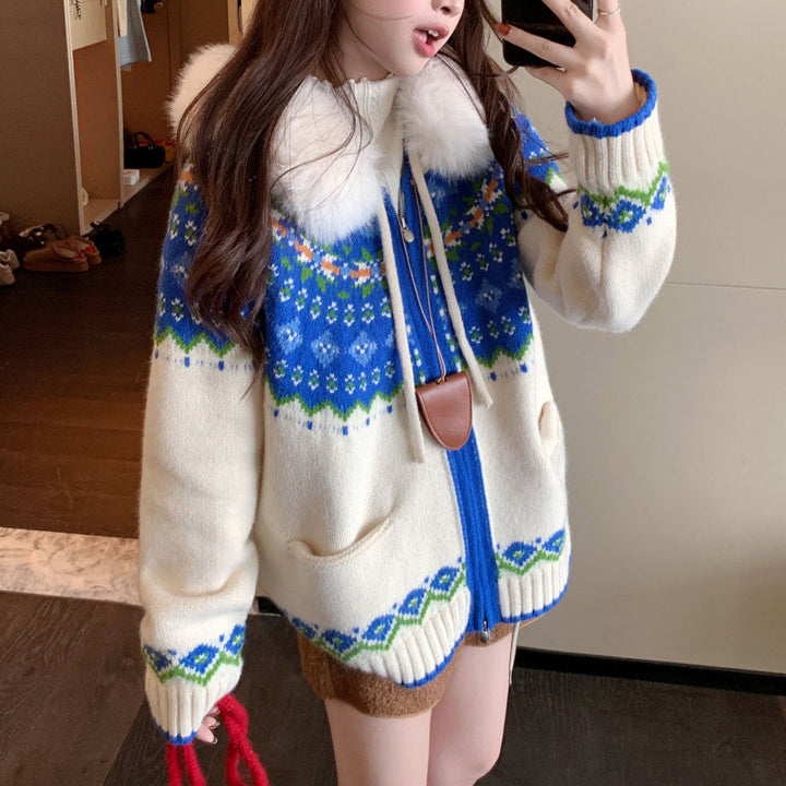 Dame cardigan med trendy norsk mønster og luksuriøs faux fur krage Skjora