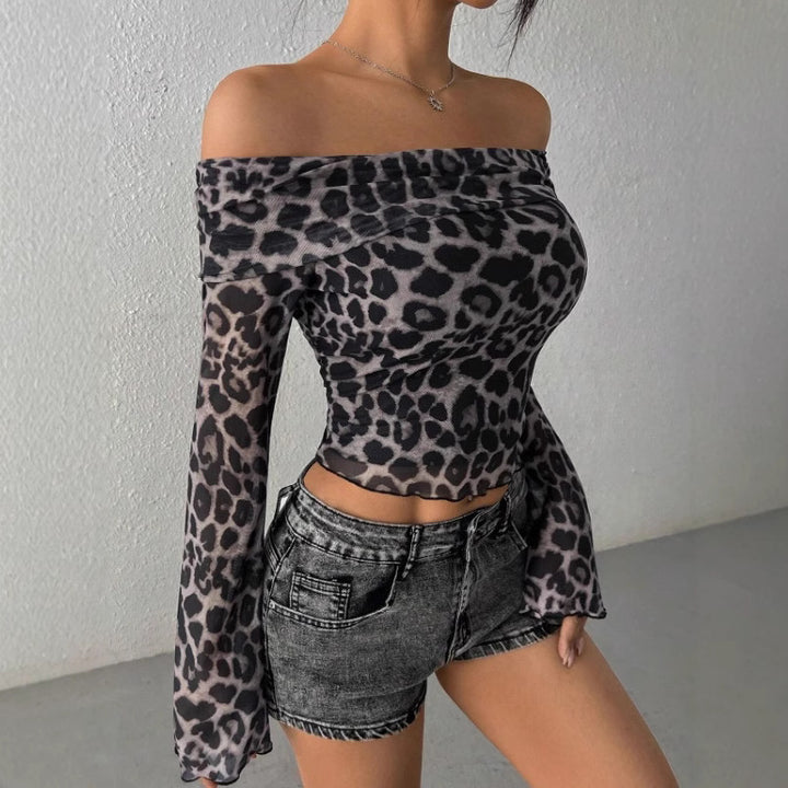 Dame Off-Shoulder Topp med leopardmønster Skjora