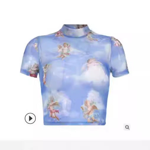 Damer Høyhalset Crop-Top med romantiske engelmotiver Skjora