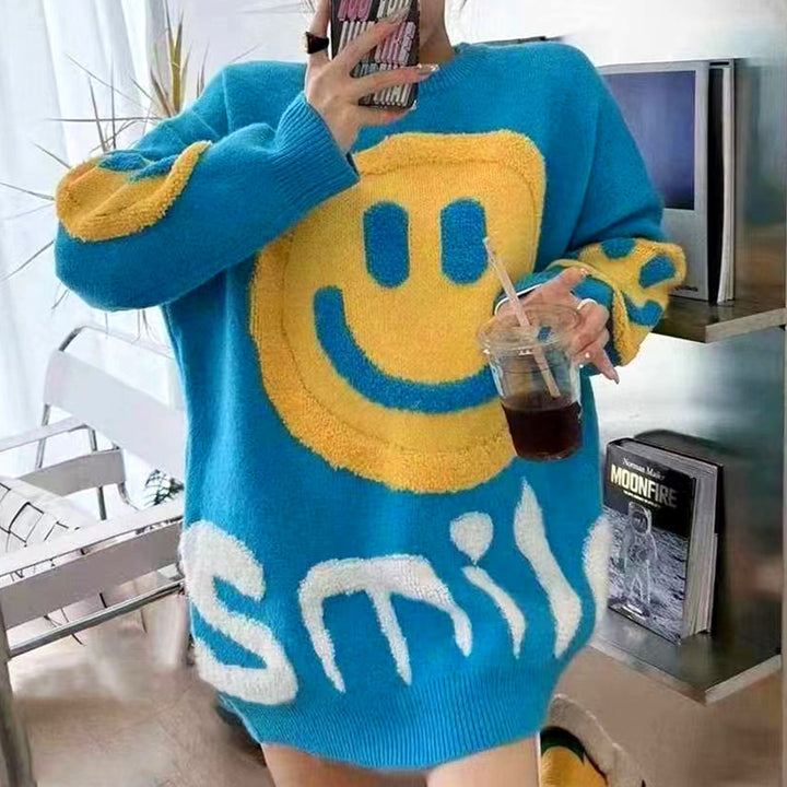 Damer casual strikket genser med smiley motiv Skjora