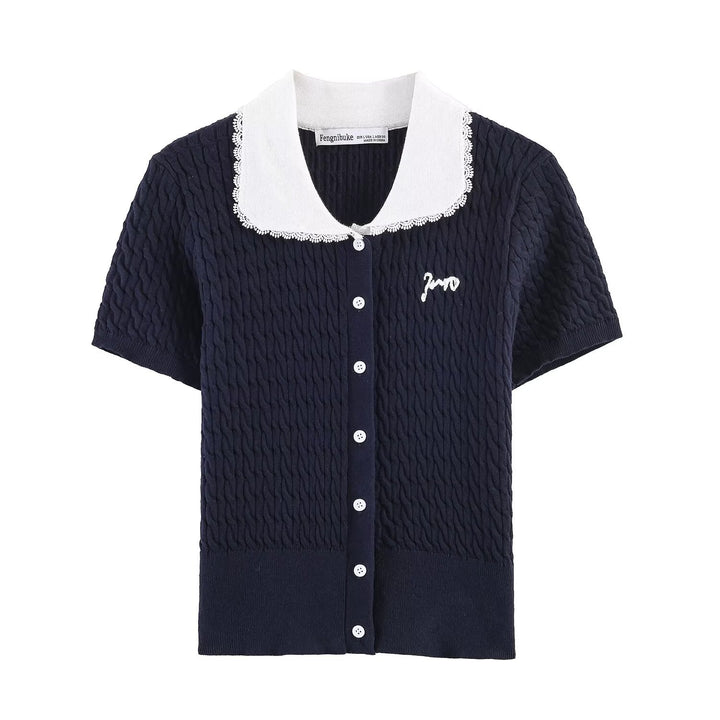 Dame strikkebluse med elegant kragepynt Skjora