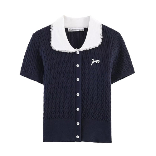 Dame strikkebluse med elegant kragepynt Skjora