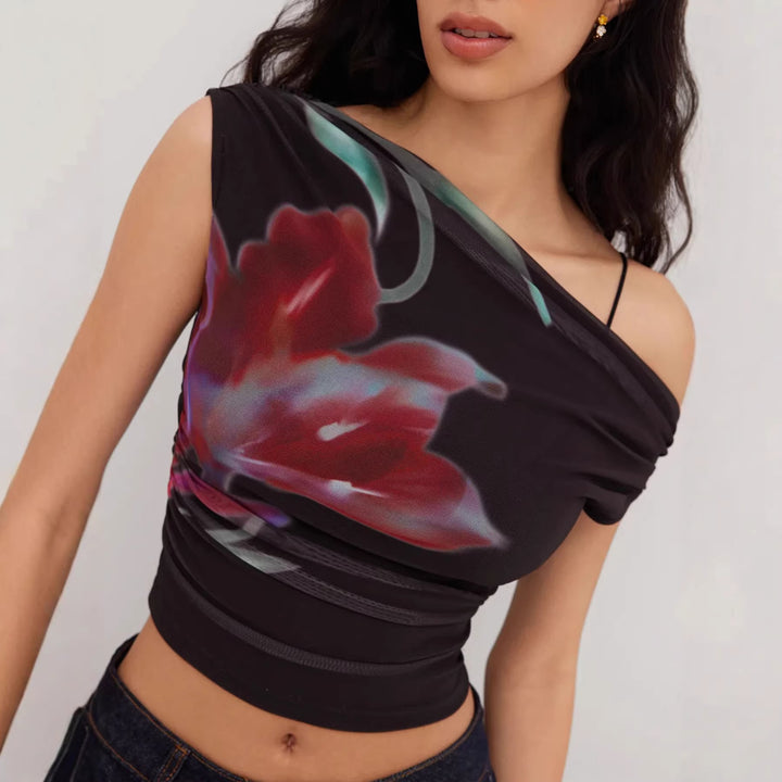 Dame Off-Shoulder Top med blomsterdesign og rynking Skjora