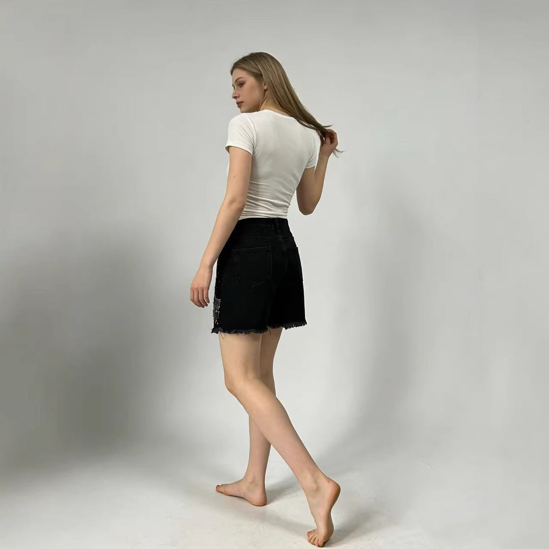 Dame Designer Denim-Shorts med trendy kjede dekorasjoner Skjora