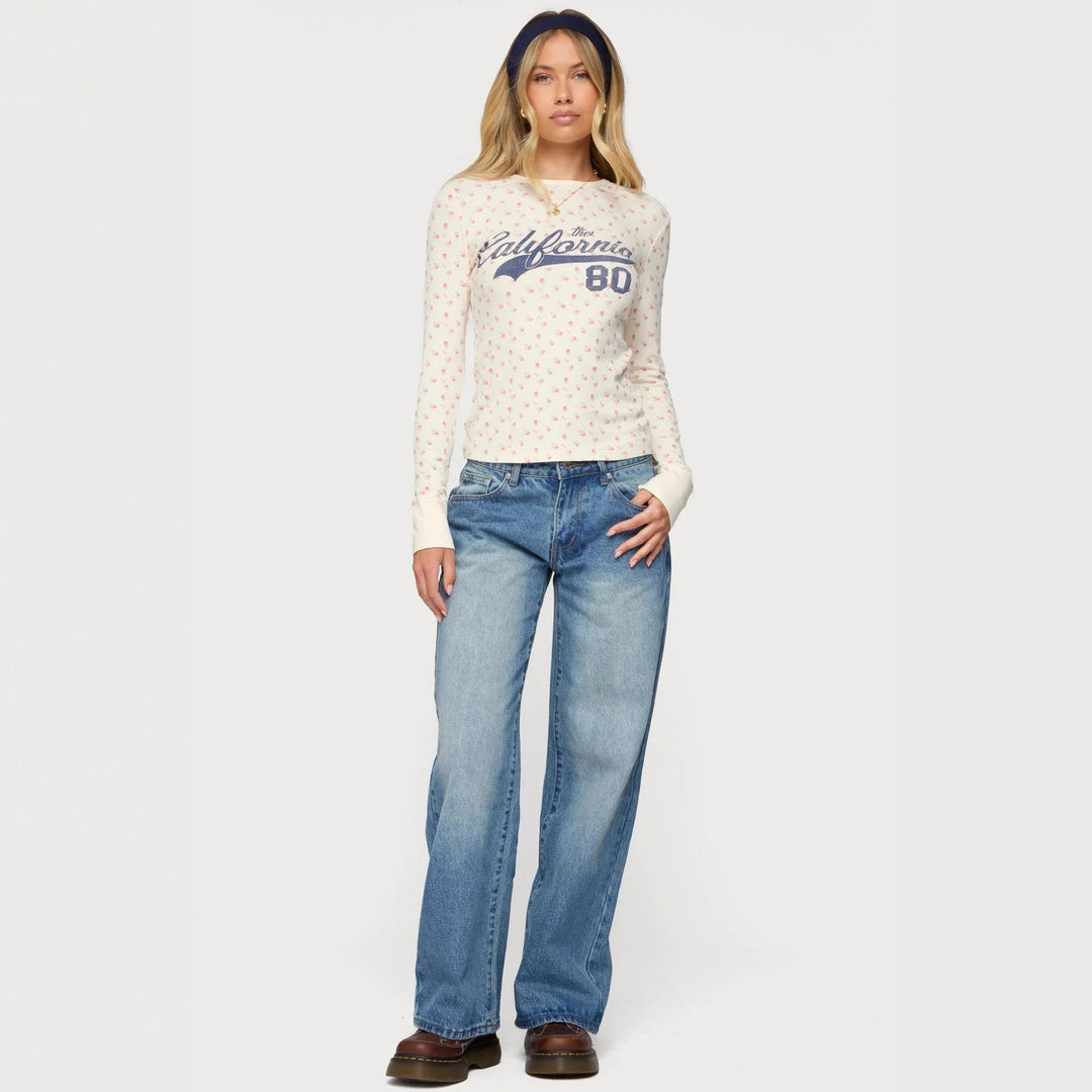 Dame Langermet T-skjorte med blomsterprint og sporty trykk Skjora