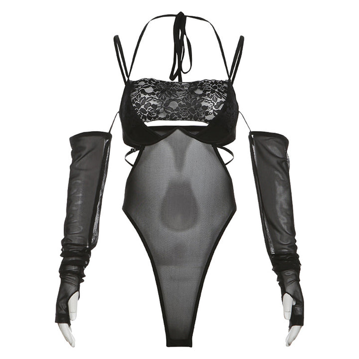 Dame one-piece bodysuit med elegant spissdekorasjon og transparent utseende Skjora