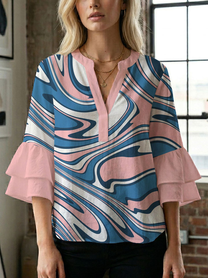 Dame bluseskjorte med voluminøse ermer og kreativt trykkdesign Skjora