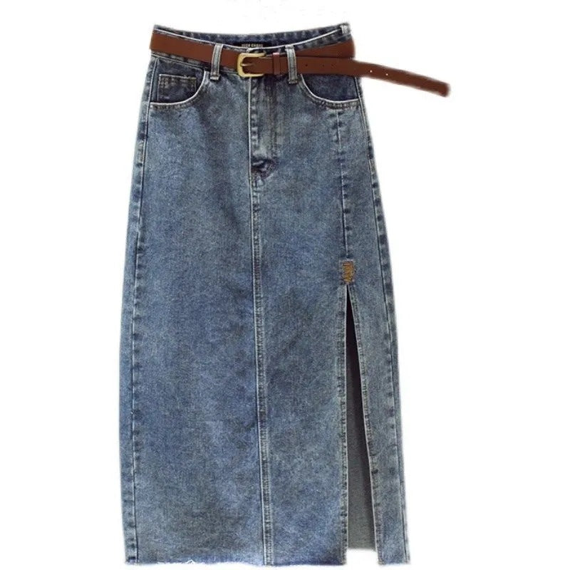 Kvinnes denim maxiskjørt med sideslitt Skjora