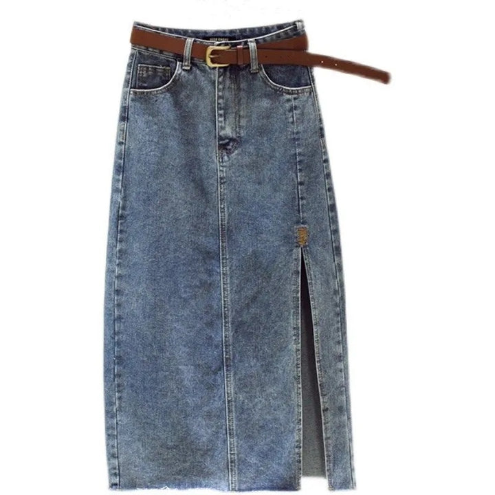 Kvinnes denim maxiskjørt med sideslitt Skjora