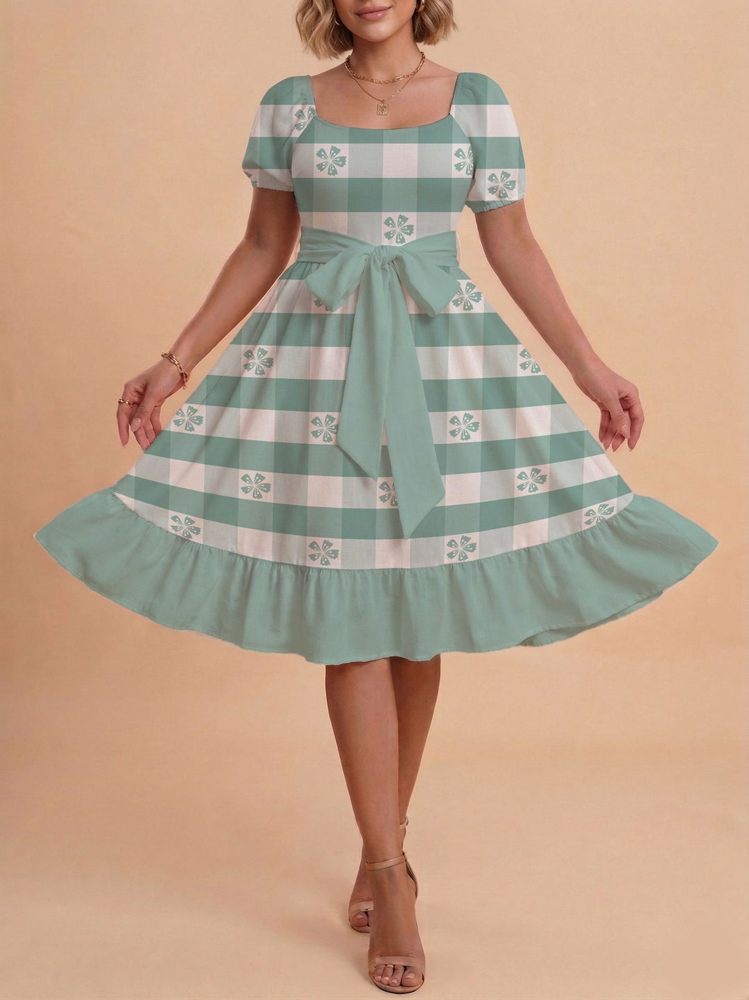 Damen Midikleid mit verspieltem Druck und tailliertem Schnitt Skjora