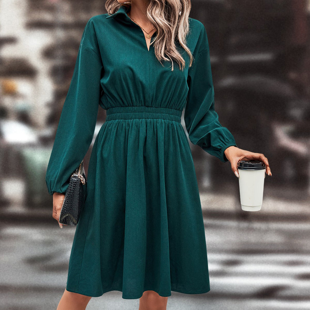 Damen elegant midi-kjole med midjebånd og pufferm Skjora