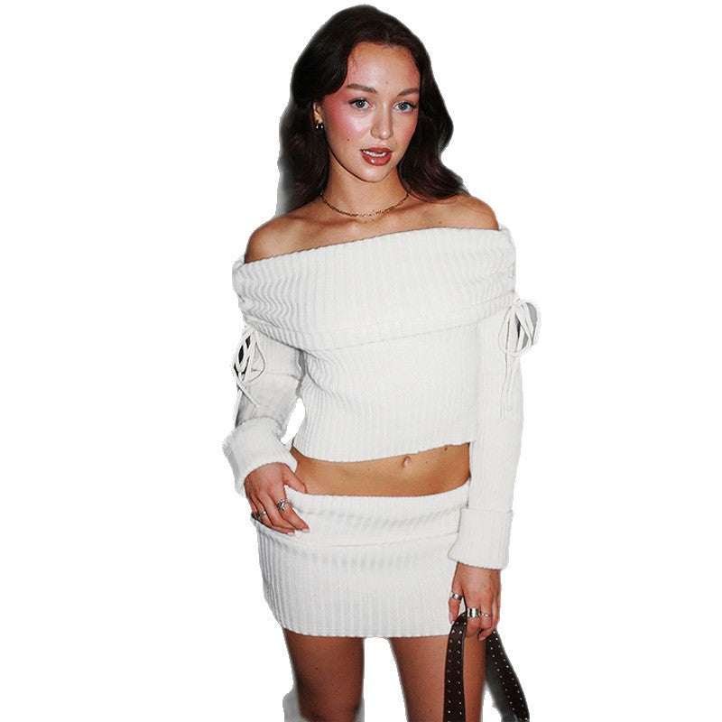 Dame Off-Shoulder Strikkesett med moteriktige detaljer Skjora