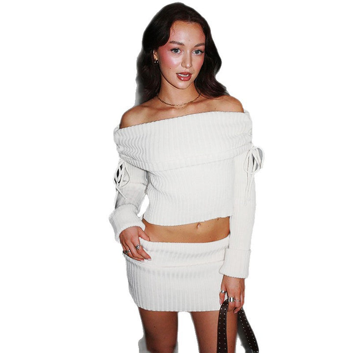 Dame Off-Shoulder Strikkesett med moteriktige detaljer Skjora