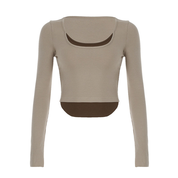 Dame Langarm Crop-Top med dobbelt U-båt-utskjæring og raffinert design Skjora