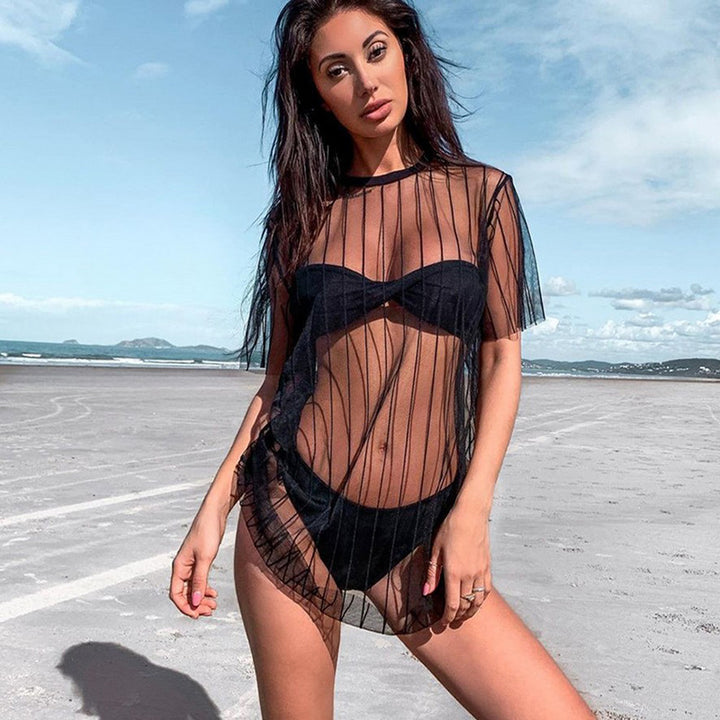 Dame Gjennomsiktig Strandtunikk med vertikale striper og vid skjæring Design Skjora