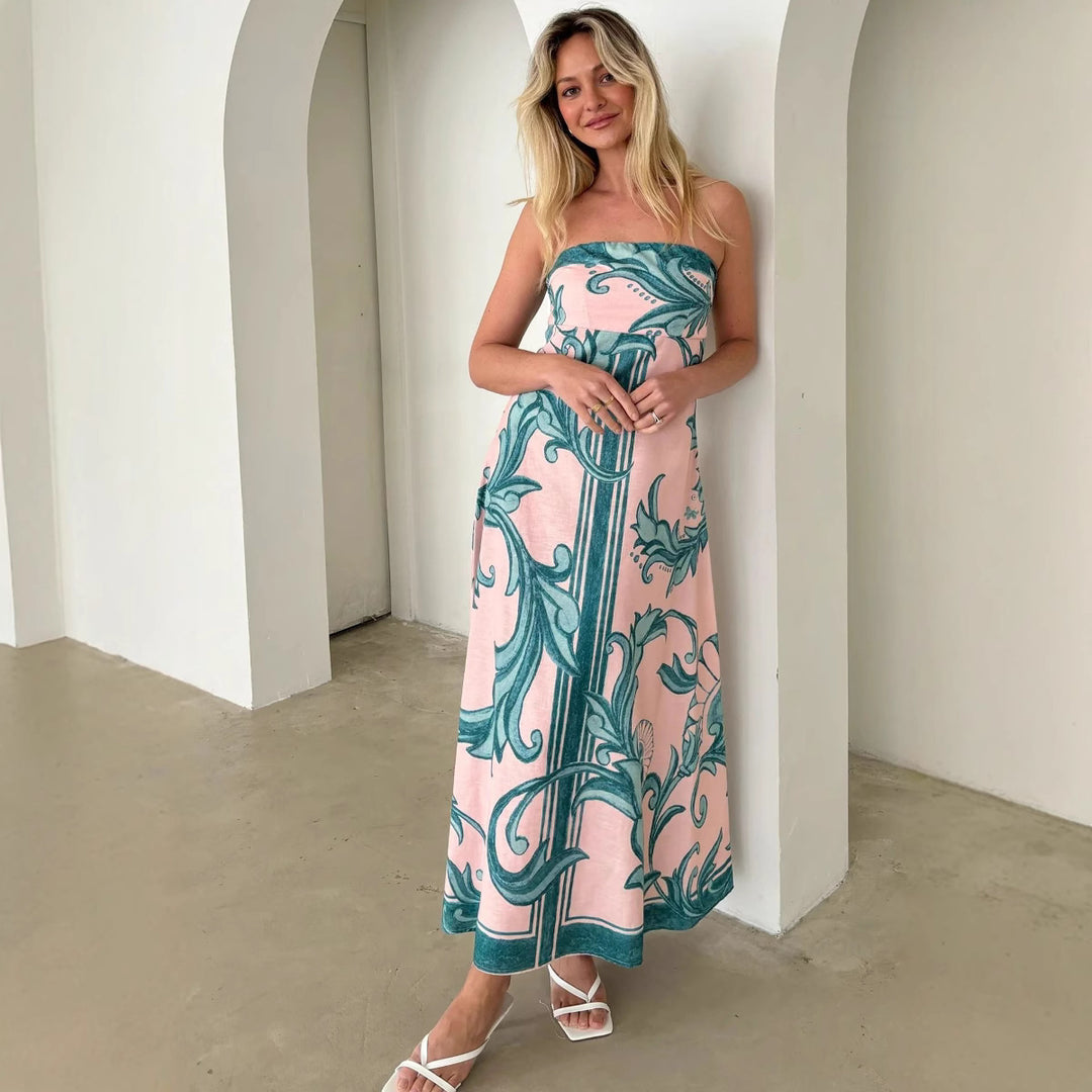 Kvinnenes Bandeau Maxi Kjole med Elegant Blomsterprint og Flytende Snitt