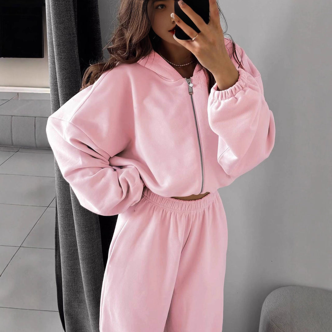Kvinneløs Cropped Fleece Jakke og Løse Bukser Sett Skjora