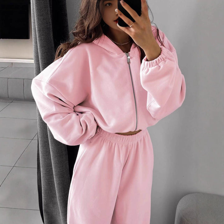 Kvinnenes casual fleece-sett med kort glidelås og elastisk midje Skjora