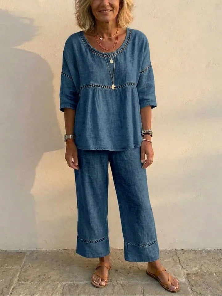 Kvinnenes komplette lin loungewear-drakt med luftig passform og blonder detaljer Skjora