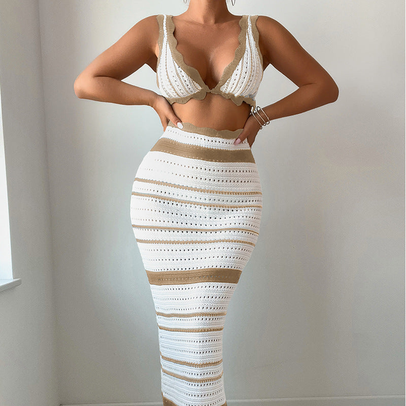 Damen Häkel-Crop-Top und Maxirock Set Skjora