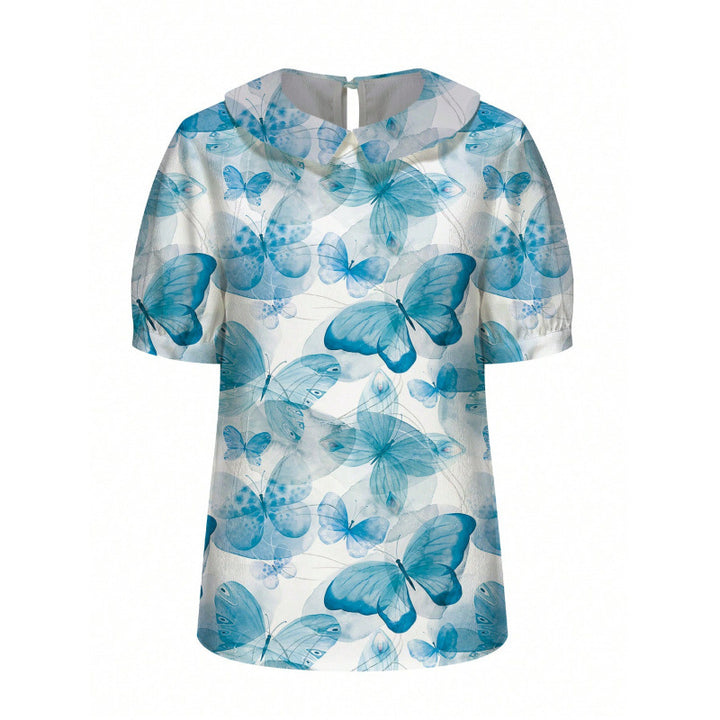 Dame kortermet bluse med florale accenter og klassisk krage Skjora