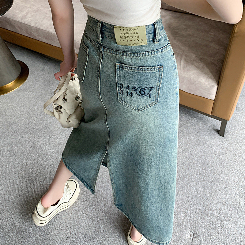 Kvinnes denim maxiskjørt med sideslitt Skjora