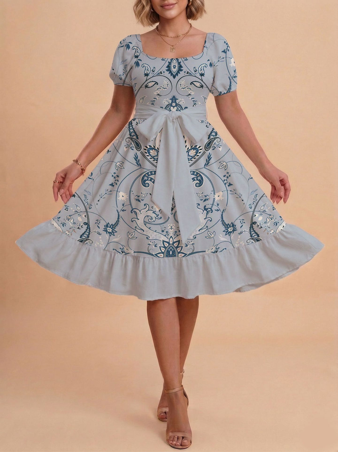 Damen Retro Maxikleid mit Puffärmeln und Taillengürtel Skjora