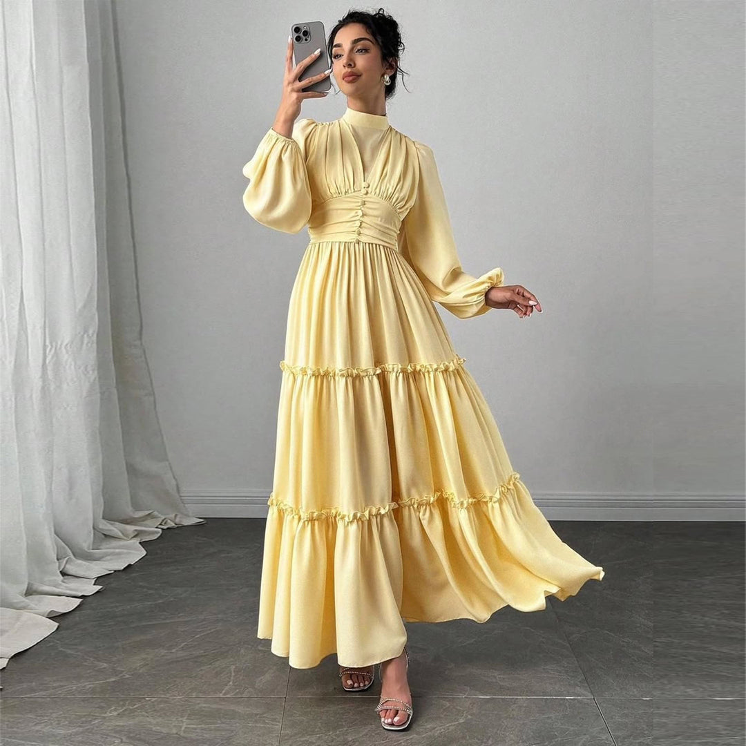 Dame Maxi Kjole med Elegante Rynkedetaljer og Samlet Topp
