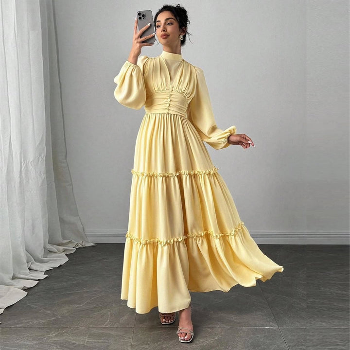 Dame Maxi Kjole med Elegante Rynkedetaljer og Samlet Topp