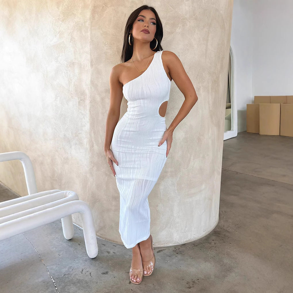 Dame Elegant Stretch Midi Kjole med asymmetrisk Utringning og Cut-Out Detaljer Skjora