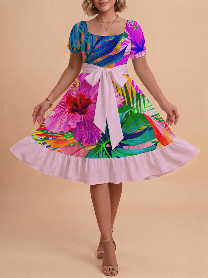 Damen Sommerkleid mit floralem Puffärmel und taillierbarem Gürtel Skjora