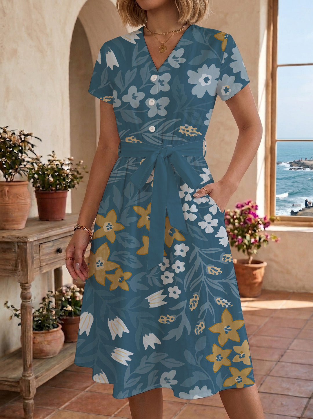 Damen Midikleid mit floralem Muster und Taillengürtel Skjora