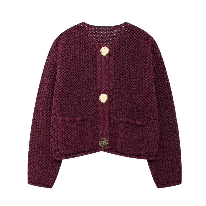 Damer mesh strikket cardigan med praktiske lommer og dekorative knapper Skjora