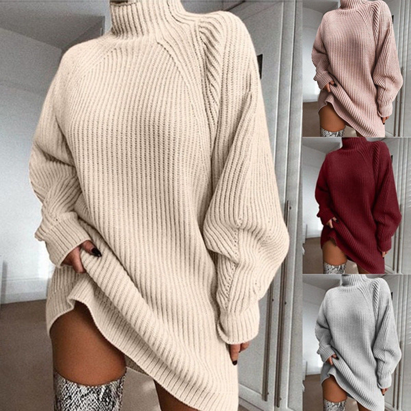 Damer Oversized Strikkegenser med Ståkrage og Motetrend Ribbet Mønster Skjora