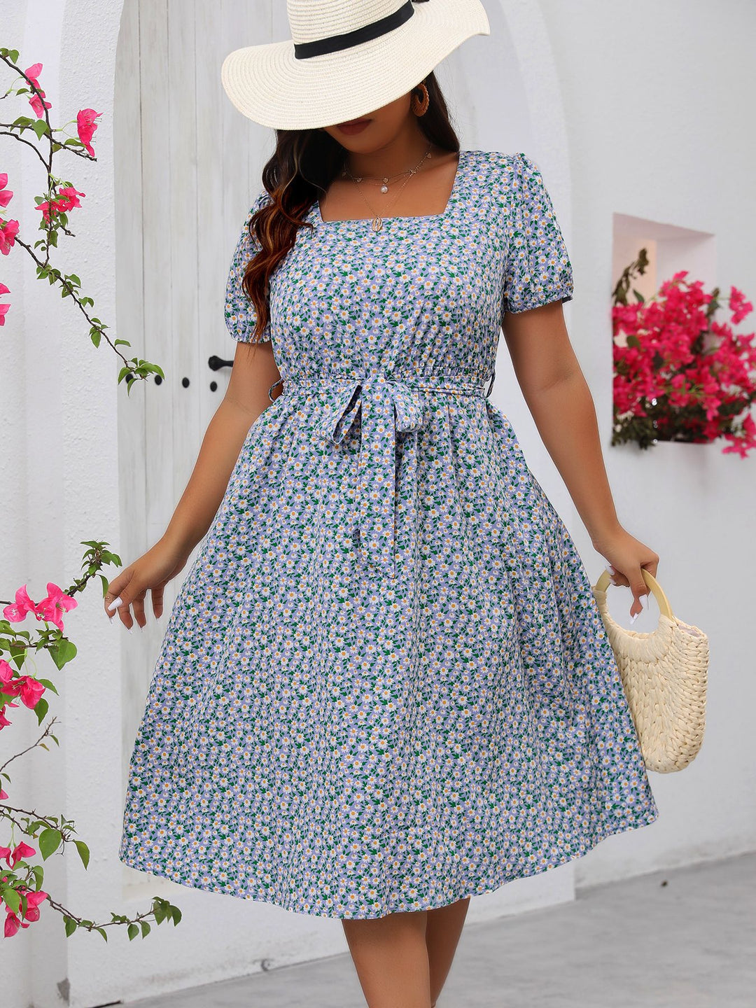 Dame Midi Kjole med blomsterallover-print og puffermar