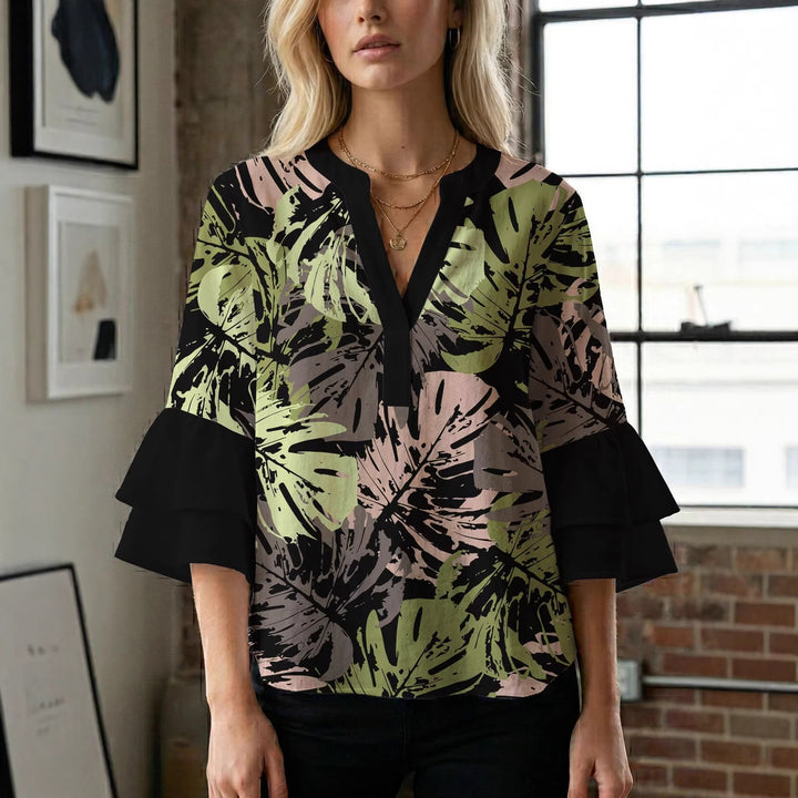 Dame bluseskjorte med voluminøse ermer og kreativt trykkdesign Skjora