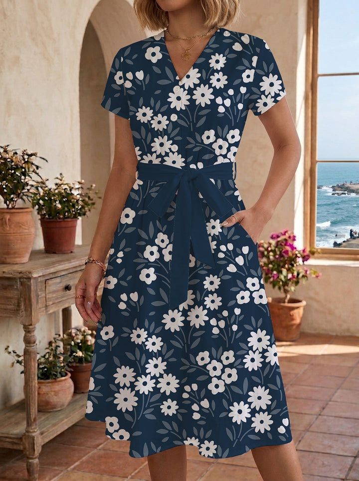 Damen Midikleid mit floralem Muster und Taillengürtel Skjora