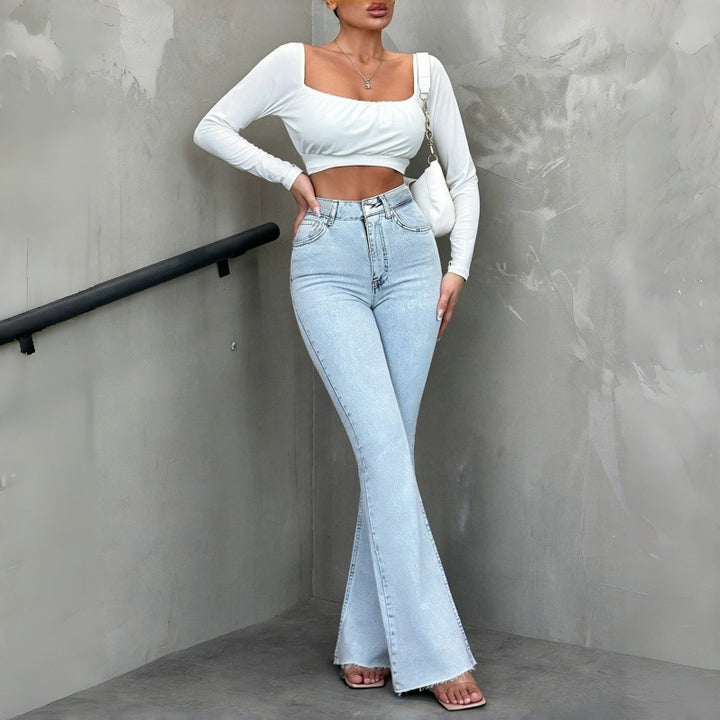 Dame Flared Jeans med høy midje og avslappet snitt Skjora