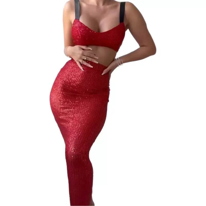 Damer Glitrende Crop Top og Lang Skjørt Sett Skjora