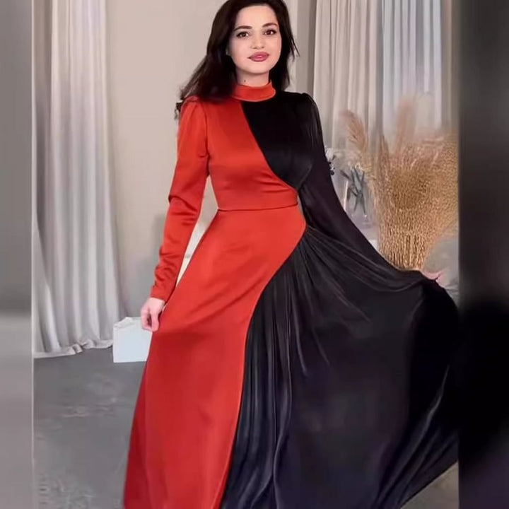 Kvinnes elegant og asymmetrisk kveldsdrakt med folderdetaljer Skjora