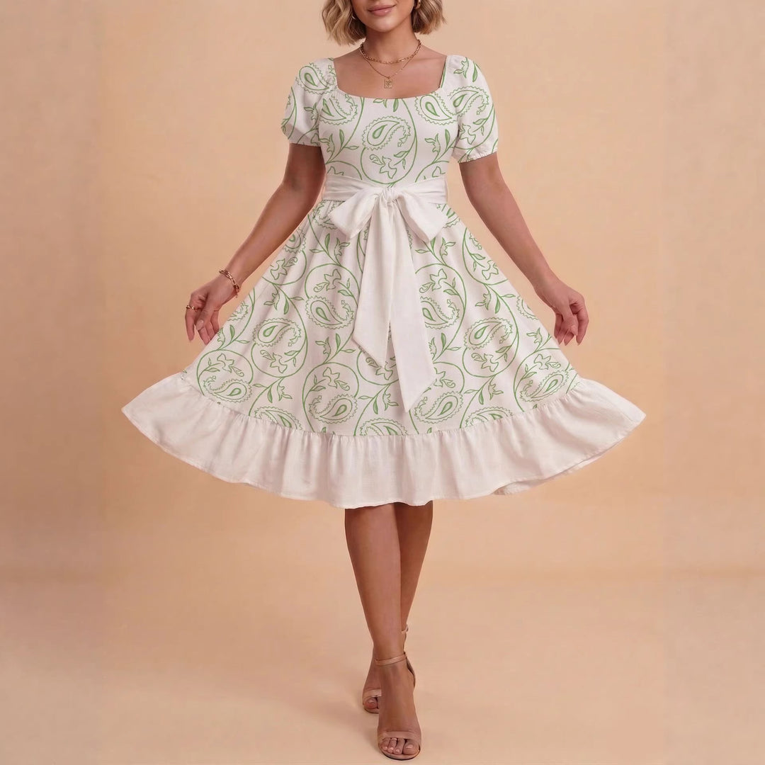 Damen Retro Maxikleid mit Puffärmeln und Taillengürtel Skjora