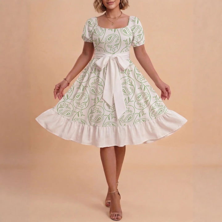 Damen Retro Maxikleid mit Puffärmeln und Taillengürtel Skjora