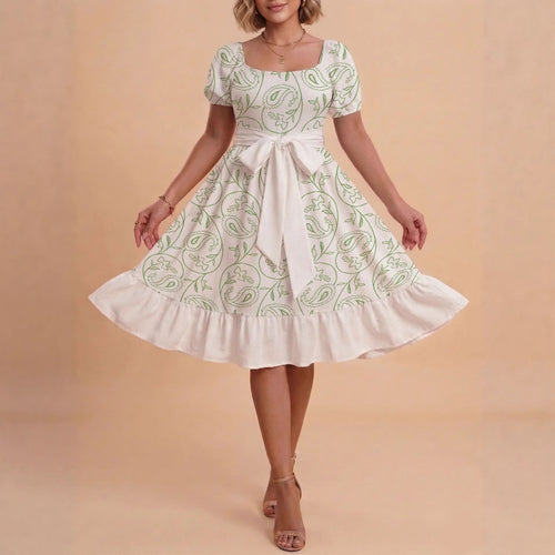 Damen Retro Maxikleid mit Puffärmeln und Taillengürtel Skjora