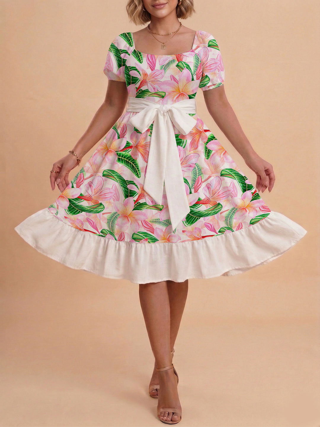Damen Sommerkleid mit floralem Puffärmel und taillierbarem Gürtel Skjora