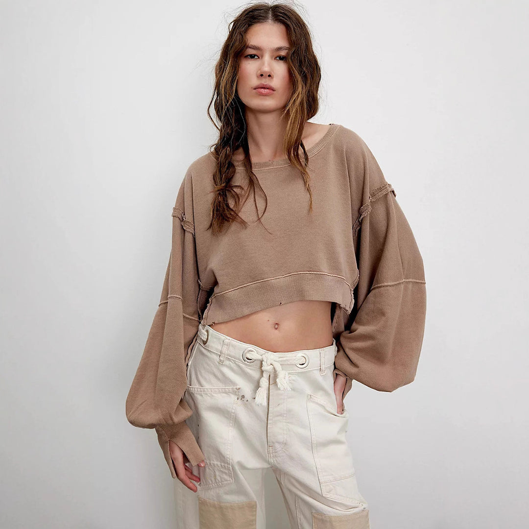 Damer casual avkortet sweatshirt med brede ermer og forseggjorte hemfinsher Skjora